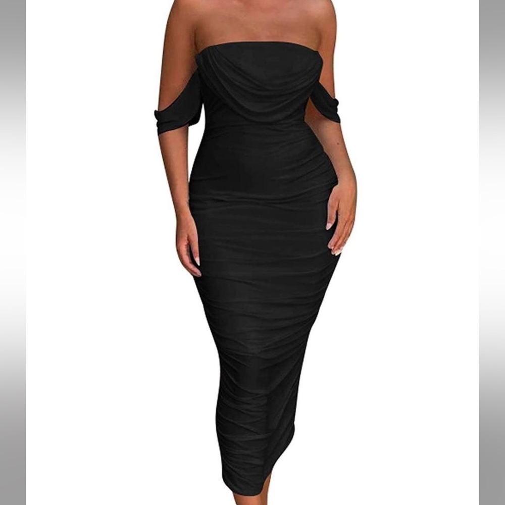 Strapless black bodycon midi dress